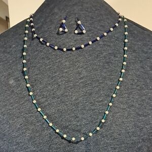 Handcrafted Teal and Navy Beaded Necklace and Earring Set